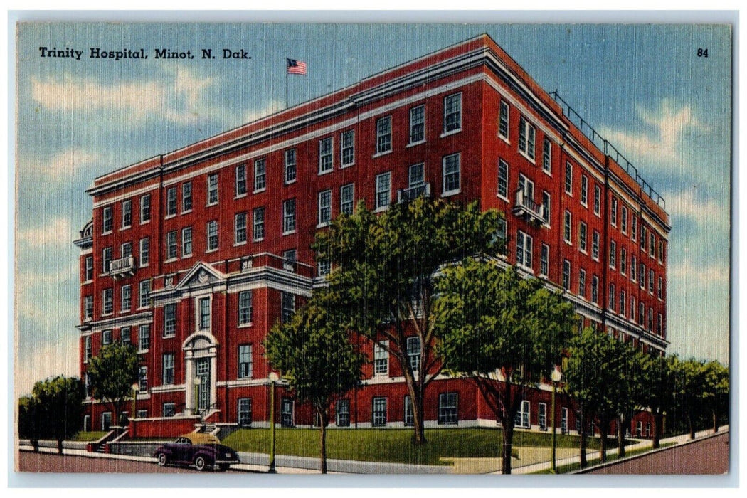 1948 Trinity Hospital Building Car Minot North Dakota ND Posted Vintage Postcard