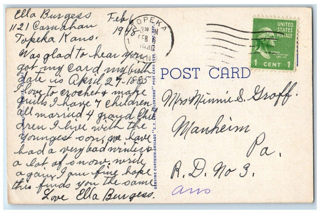 1948 Santa Fe Hospital Building Topeka Kansas KS Posted Vintage Postcard