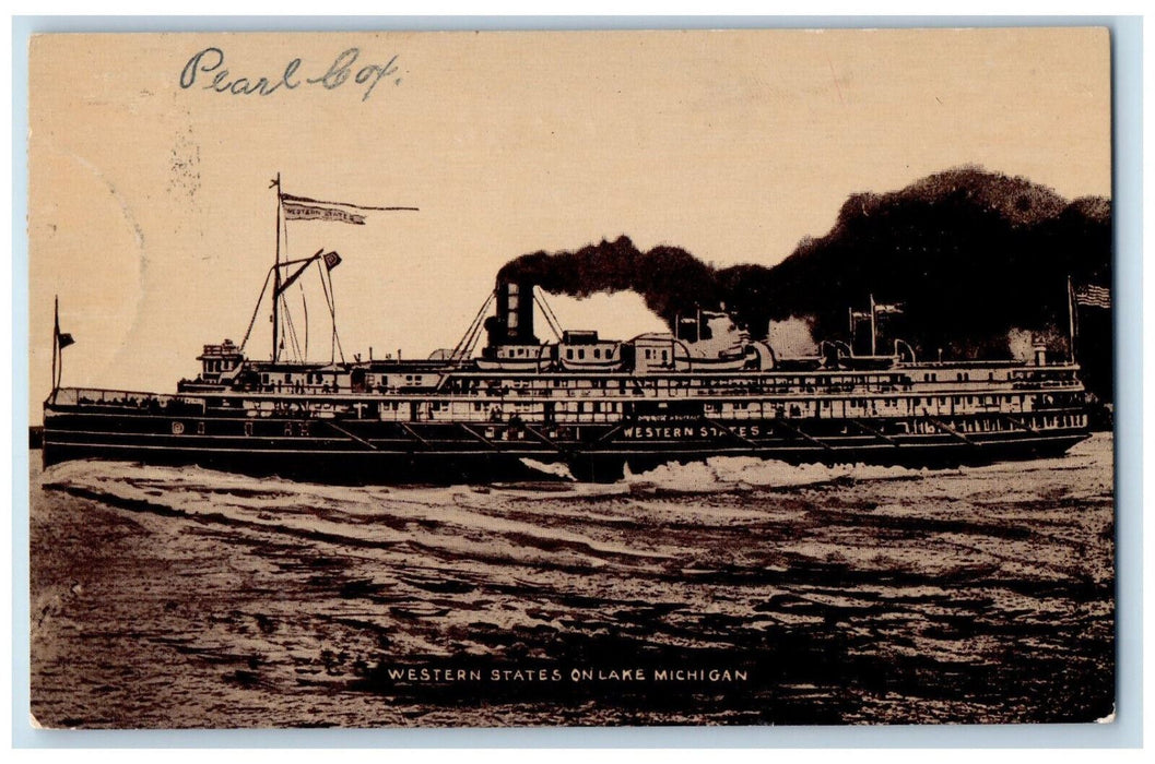 Steamer Ship Western States On Lake Michigan Detroit Algonac MI Antique Postcard