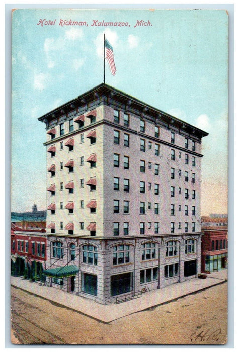 1909 Hotel Rickman Building Exterior View Kalamazoo Michigan MI Antique Postcard