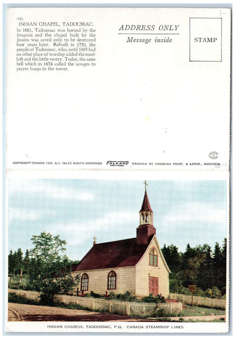 1929 Indian Church Tadoussac P.Q. Canada Steamship Lines Folkard Postcard