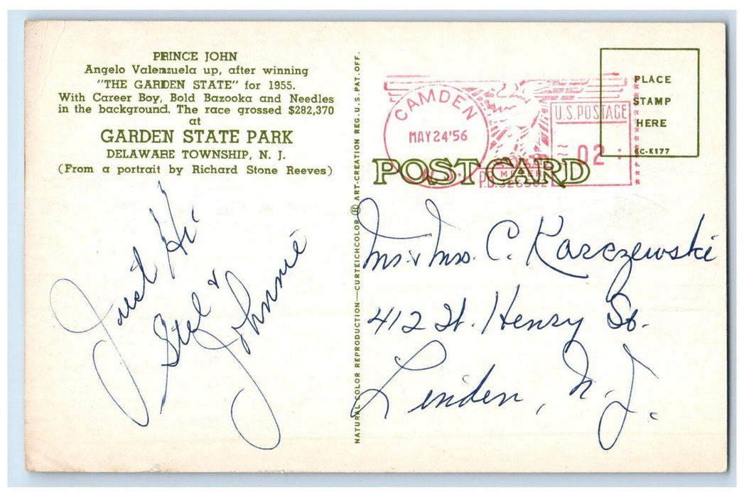 Prince John Angelo Valenzuela The Garden State Horse Racing Township NJ Postcard