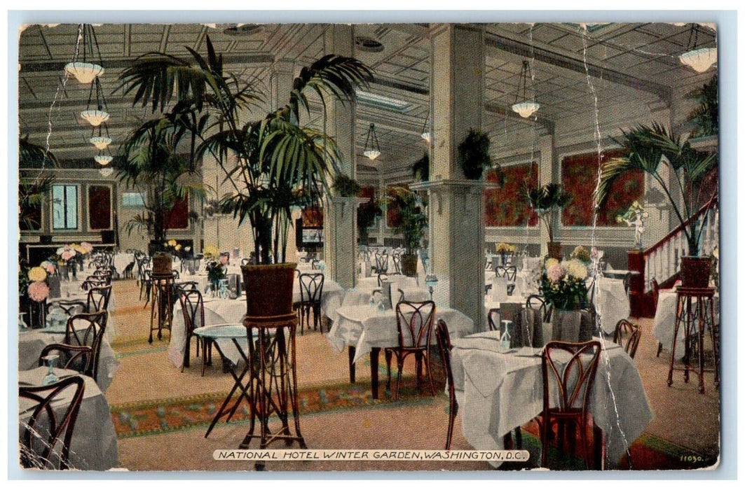 1913 National Hotel Winter Garden Interior Restaurant Washington D.C. Postcard