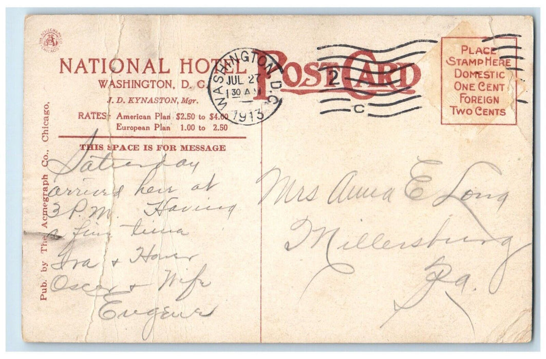 1913 National Hotel Winter Garden Interior Restaurant Washington D.C. Postcard