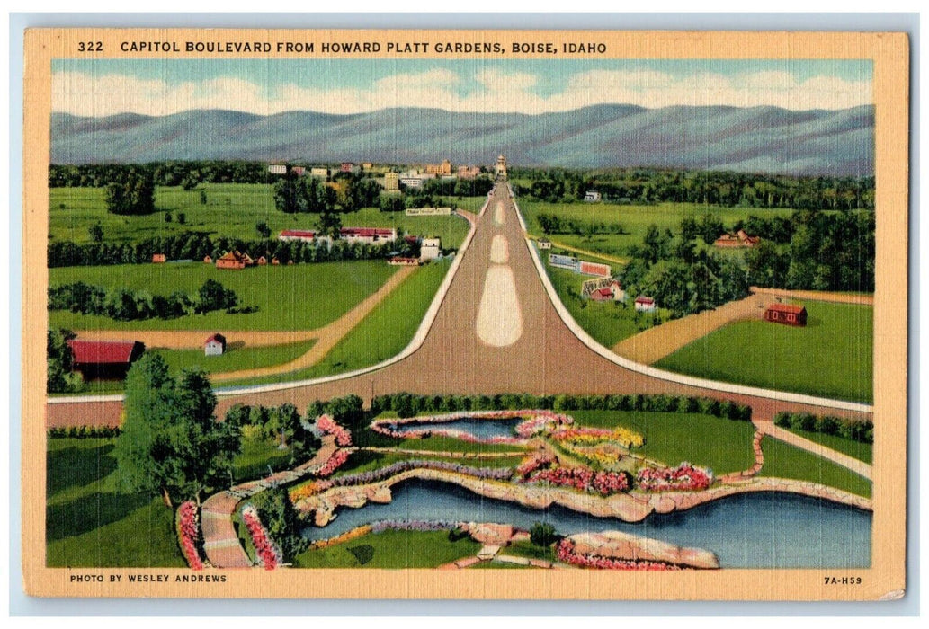c1940 Aerial Capitol Boulevard Howard Platt Gardens Road Boise Idaho ID Postcard