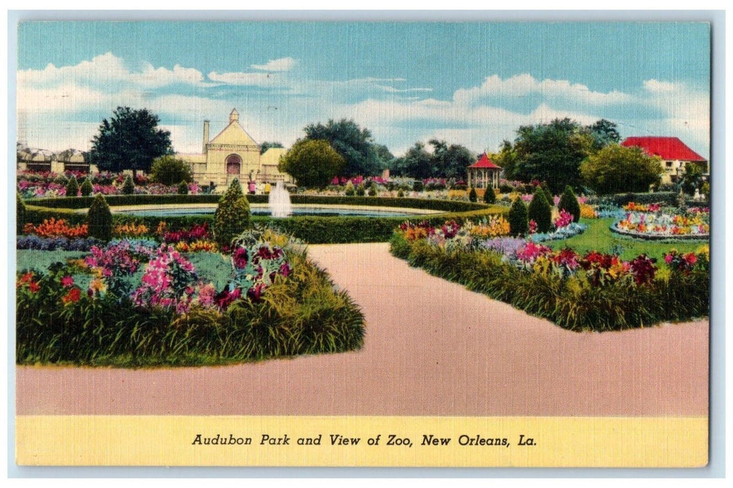 1951 Audubon Park View Zoo Fountain Garden Flower New Orleans Louisiana Postcard