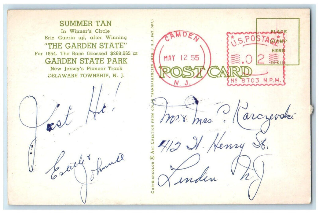 1955 Eric Guerin The Garden State Camden Township NJ, Horse Racing Postcard