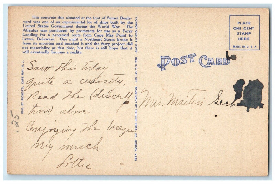 c1930's Concrete Ship Atlantus Sinking Cape May Point New Jersey NJ Postcard