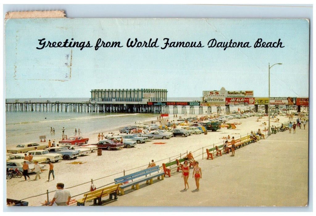1972 Greetings From World Famous Daytona Beach Florida FL, Cars Pier Postcard