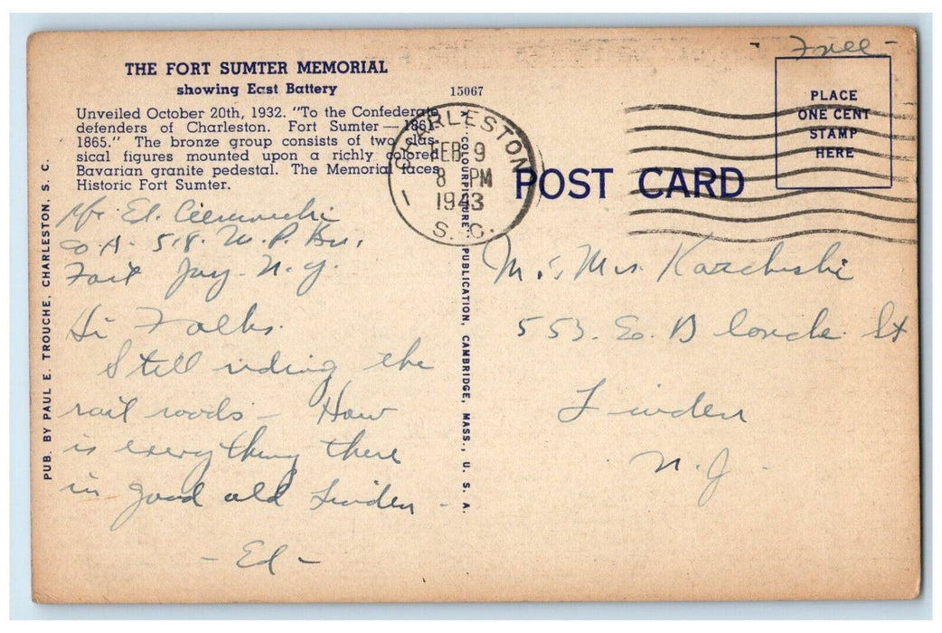 1943 Fort Summer Memorial And Battery Charleston South Carolina SC Postcard