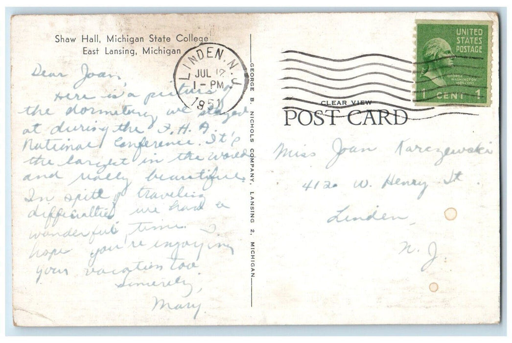 1951 Shaw Hall Michigan State College East Lansing Michigan MI Vintage Postcard