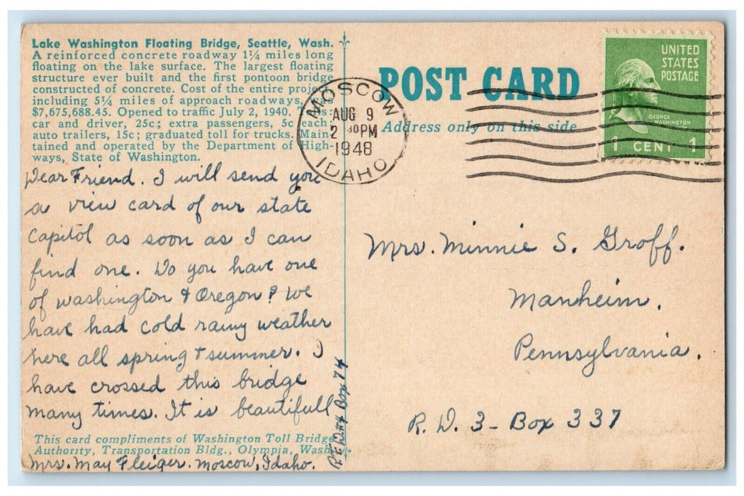 1948 Lake Washington Floating Bridge Seattle Washington WA, Moscow ID Postcard