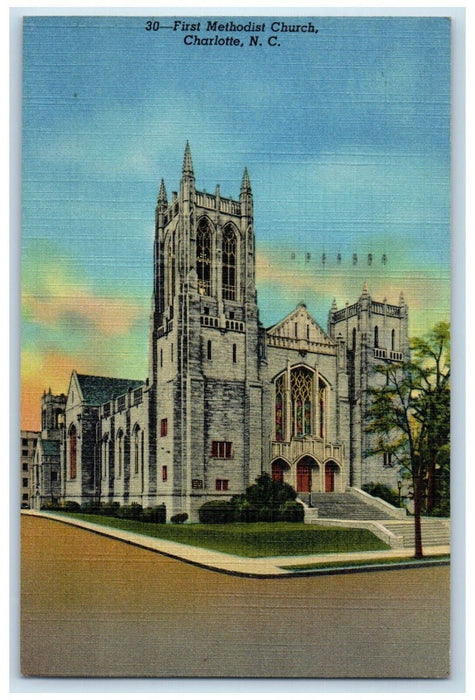 1948 First Methodist Church Street View Charlotte North Carolina NC Postcard