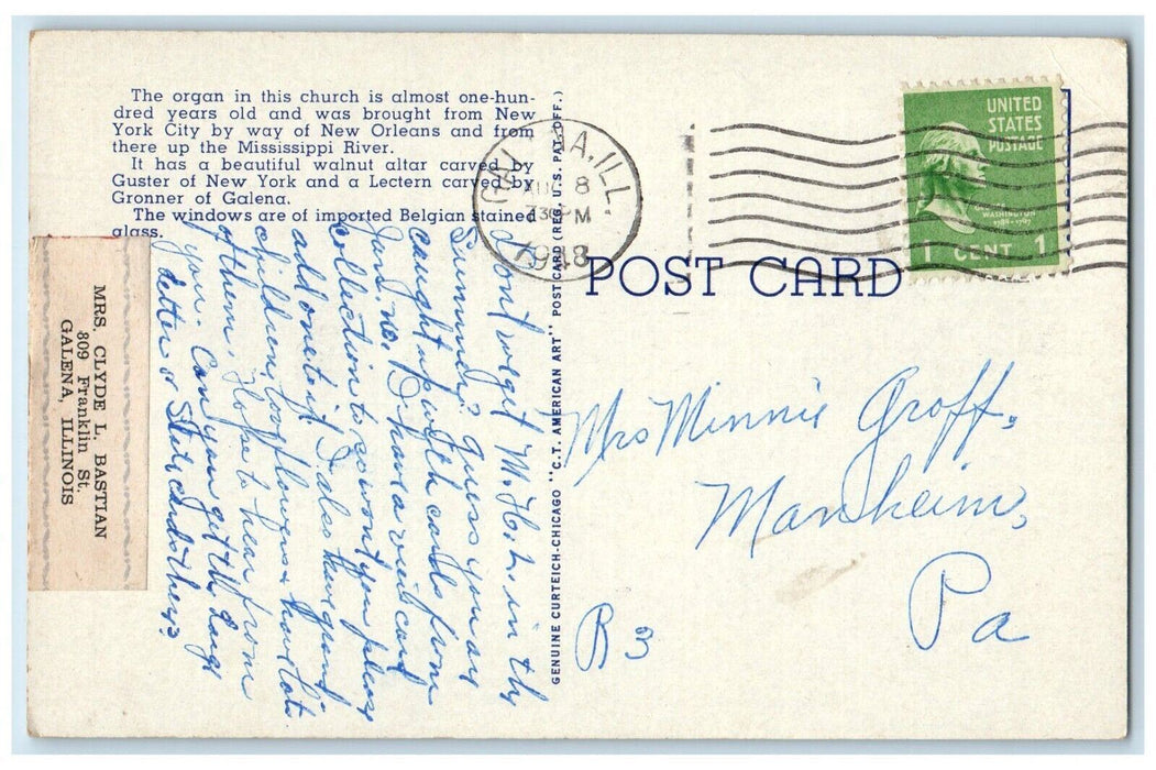 1948 Grace Episcopal Church Galena Illinois IL Posted Vintage Postcard