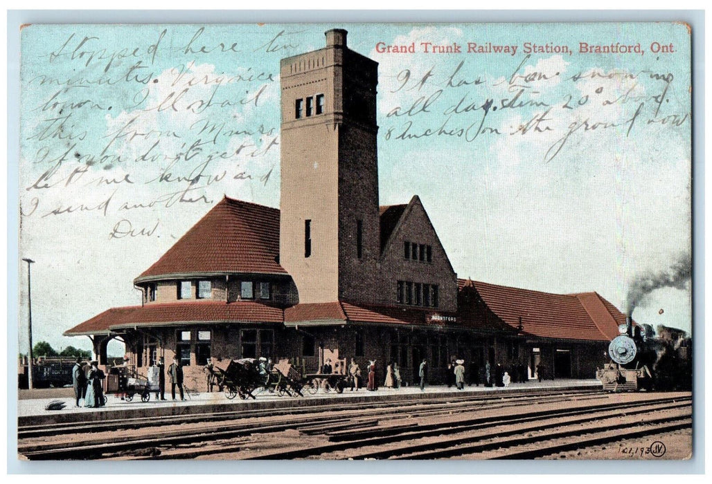 1907 Grand Trunk Railway Station Brantford Ontario Canada Antique Postcard