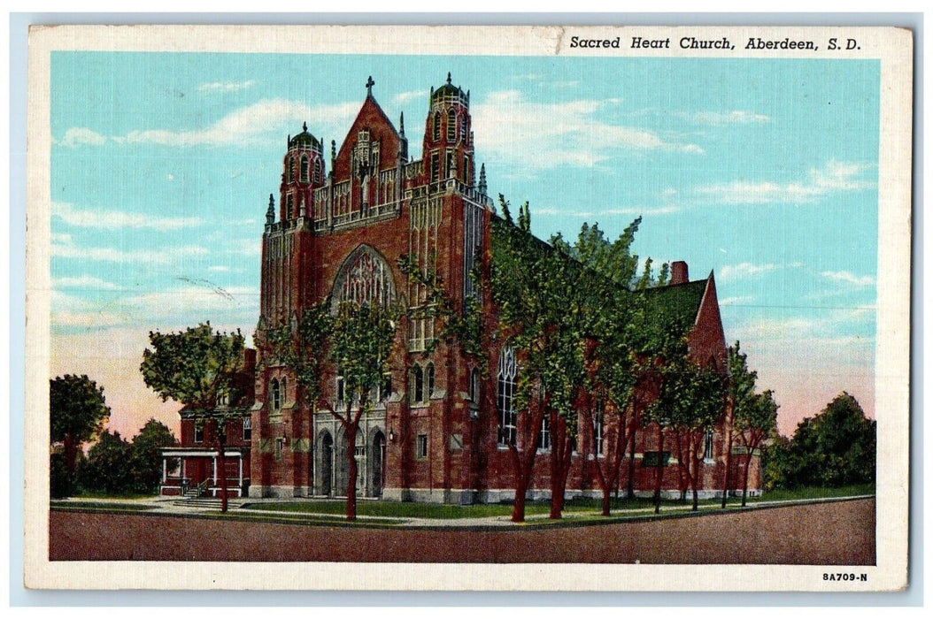 1948 Sacred Heart Church Street View Aberdeen South Dakota SD Vintage Postcard