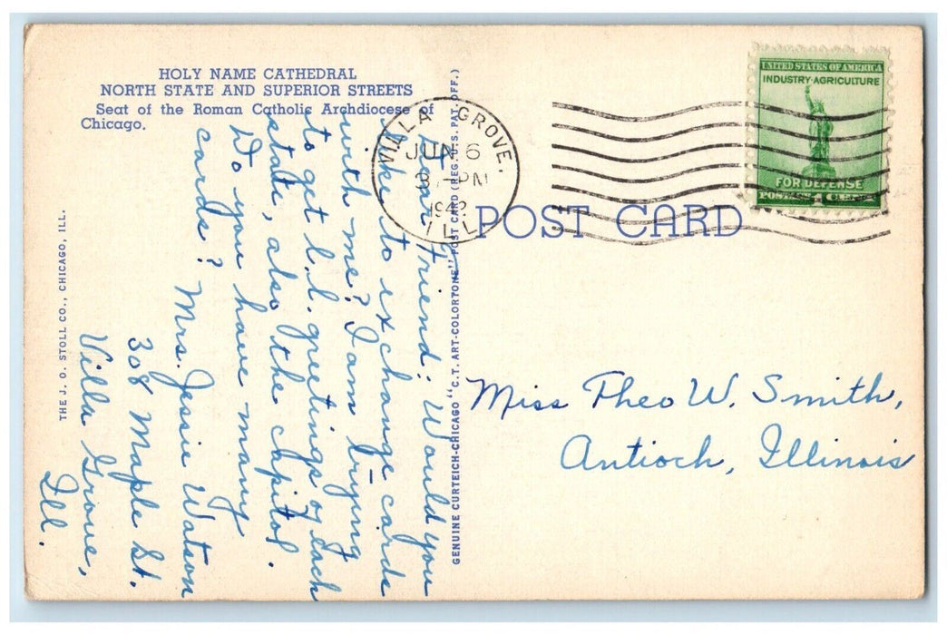 1942 Holy Name Cathedral North State Superior Streets Chicago Illinois Postcard