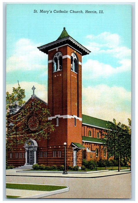 c1940 St. Mary's Catholic Church Chapel Exterior Street Herrin Illinois Postcard