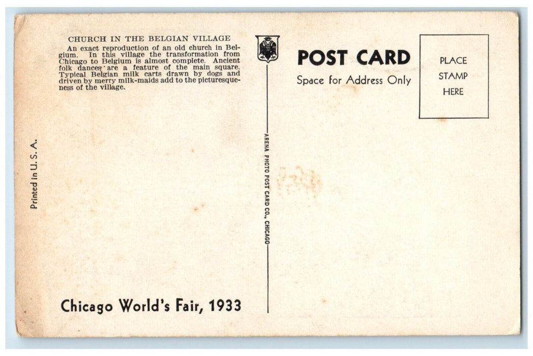 c1933 Church Belgian Village Reproduction Old Belgium Chicago Illinois Postcard