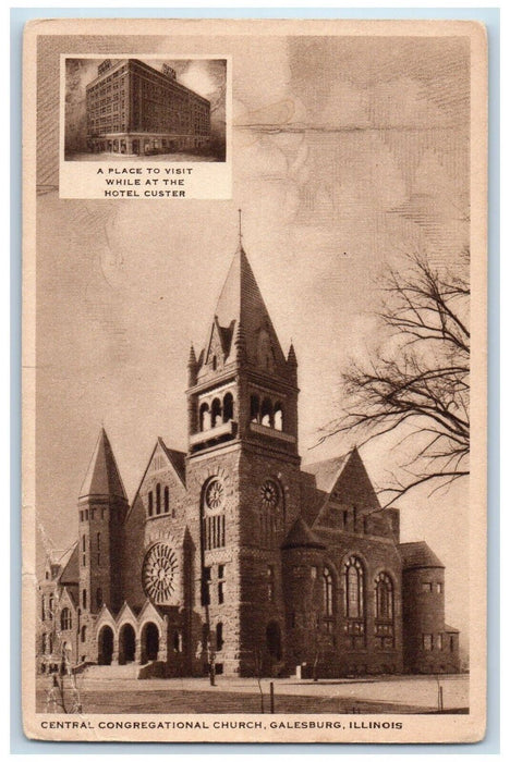 c1940 Central Congregational Church Hotel Custer Galesburg Illinois IL Postcard