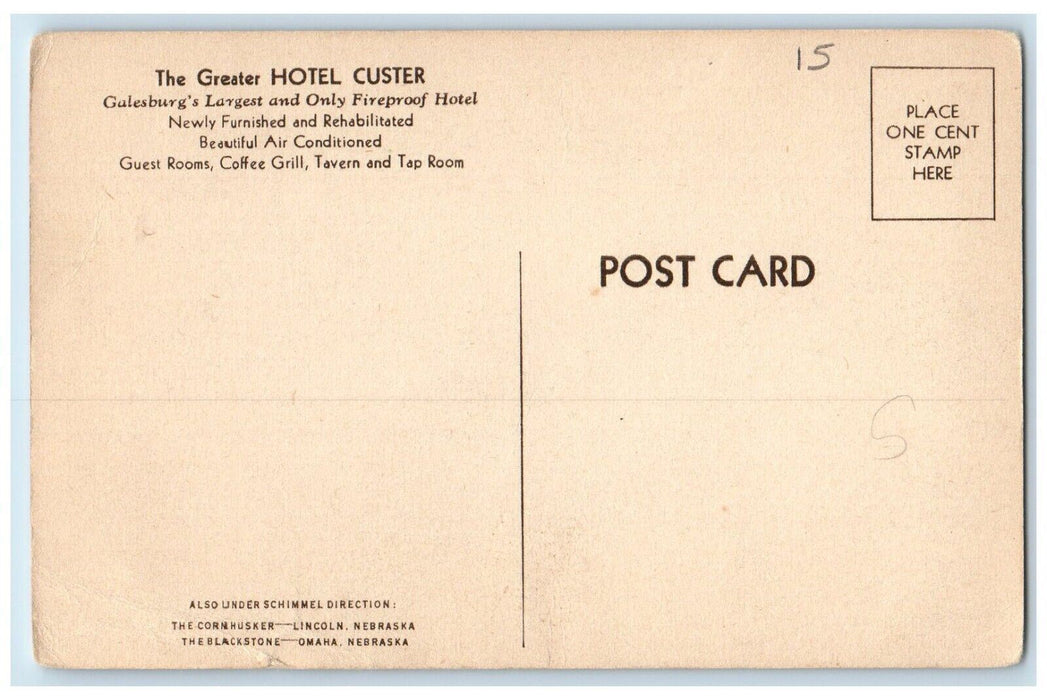 c1940 Central Congregational Church Hotel Custer Galesburg Illinois IL Postcard