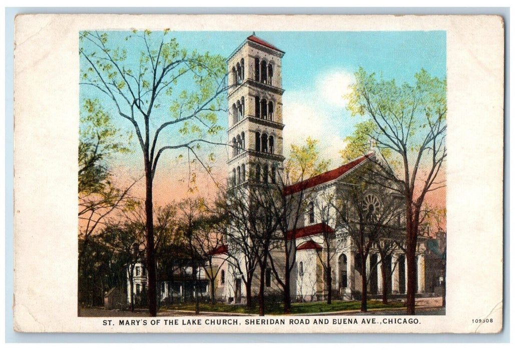 c1920 St. Mary's Lake Church Sheridan Road Buena Ave. Chicago Illinois Postcard