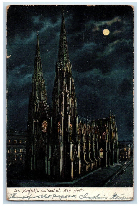 1907 St. Patrick's Cathedral Church Chapel Night Moon Exterior New York Postcard