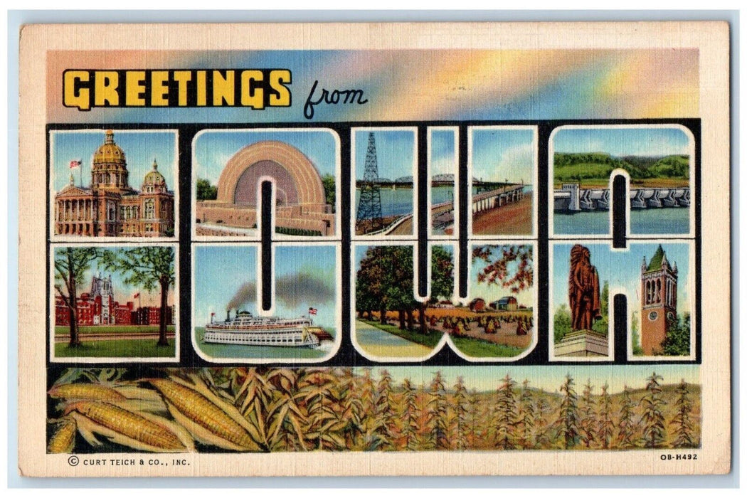 1948 Greetings From Iowa IA, Guttenberg Large Letters Posted Vintage Postcard