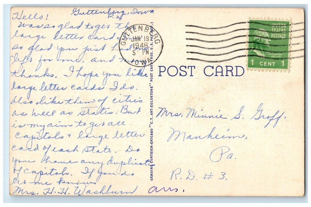 1948 Greetings From Iowa IA, Guttenberg Large Letters Posted Vintage Postcard