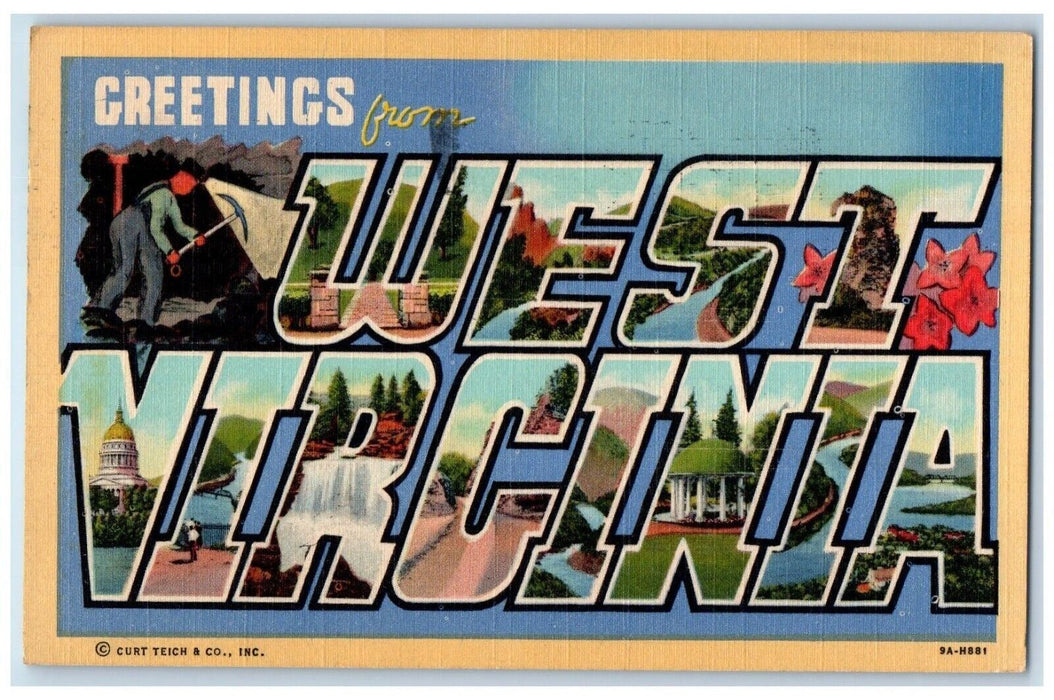 1948 Greetings From West Virginia WV, Clarksburg Large Letters Vintage Postcard