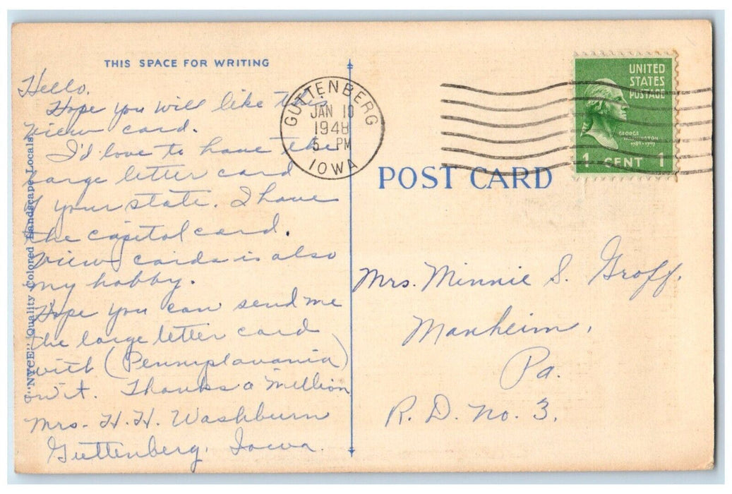 1948 Greetings From Guttenberg Iowa IA, Sea View Posted Vintage Postcard