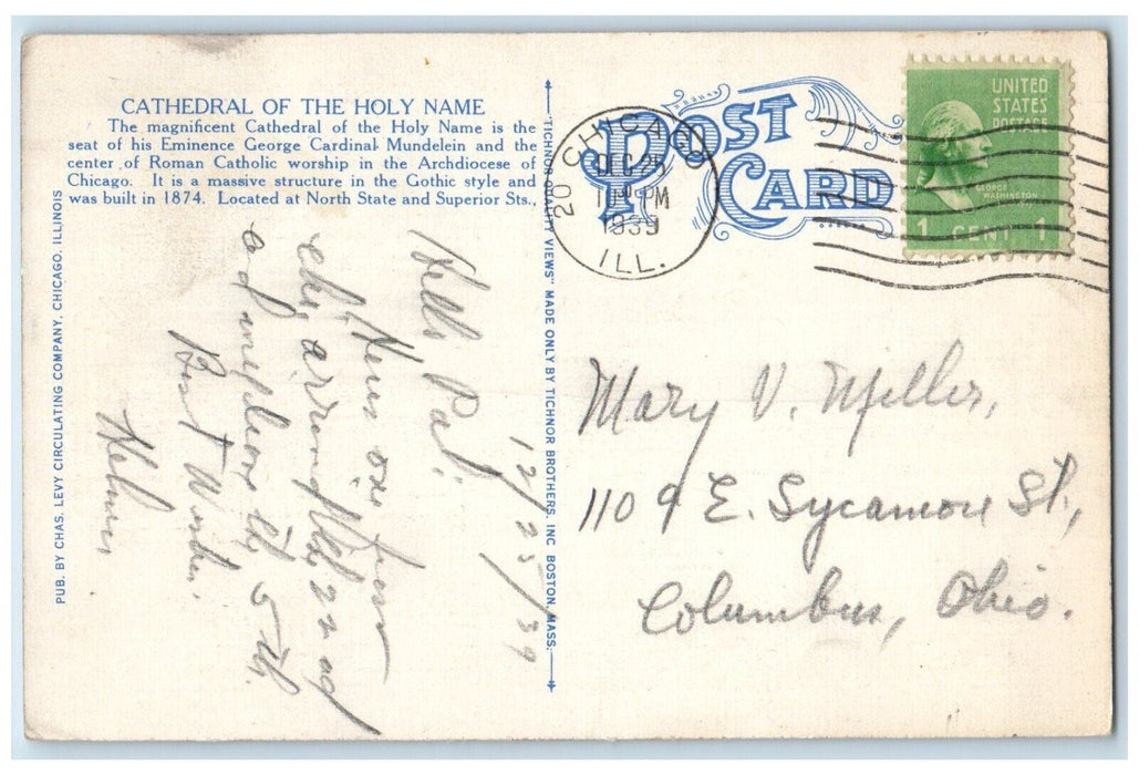 1939 Cathedral Holy Name Eminence George Cardinal Chicago Illinois IL Postcard