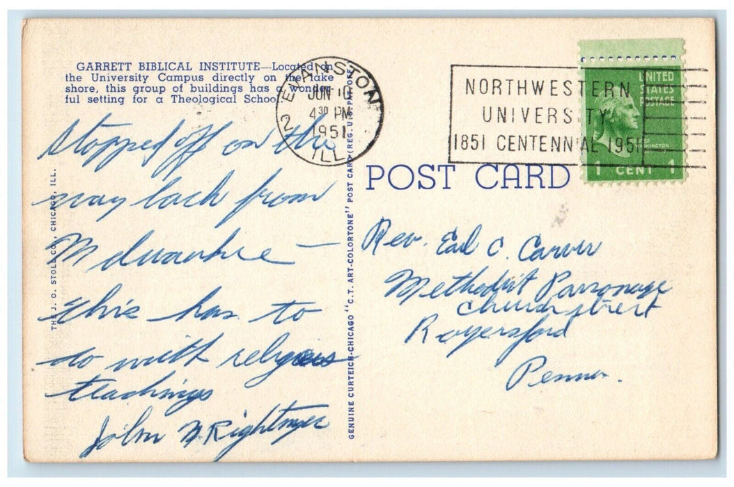 1951 Garrett Biblical Institute Northwestern University Campus Evanston Postcard