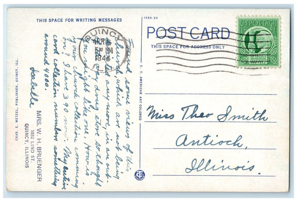 1944 St. John's Cathedral Episcopal Church Chapel Road Quincy Illinois Postcard