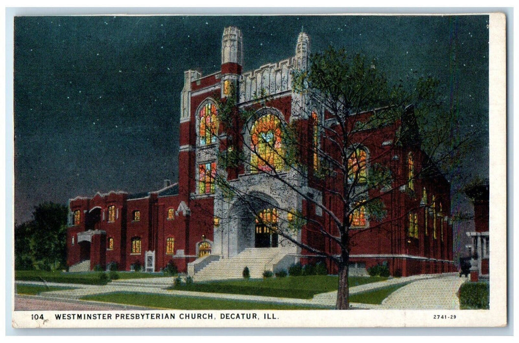 c1940 Westminster Presbyterian Church Chapel Night Decatur Illinois IL Postcard