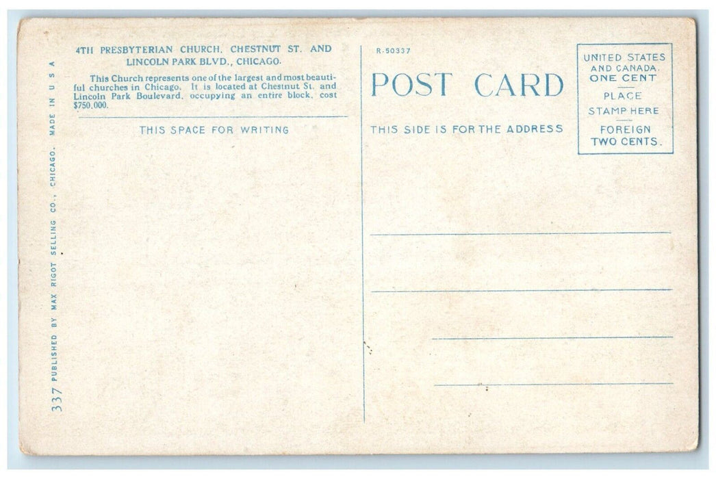 c1930 Presbyterian Church Chestnut Lincoln Park Blvd. Chicago Illinois Postcard