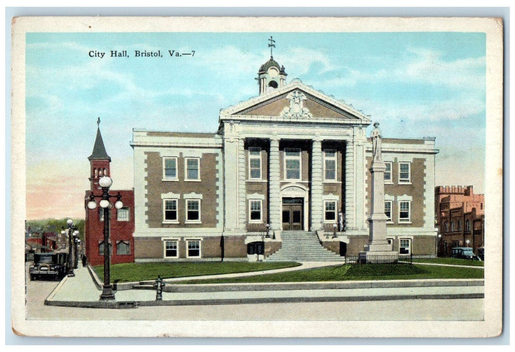 Front View Of City Hall Bristol Cars Street Scene Virginia VA Antique Postcard