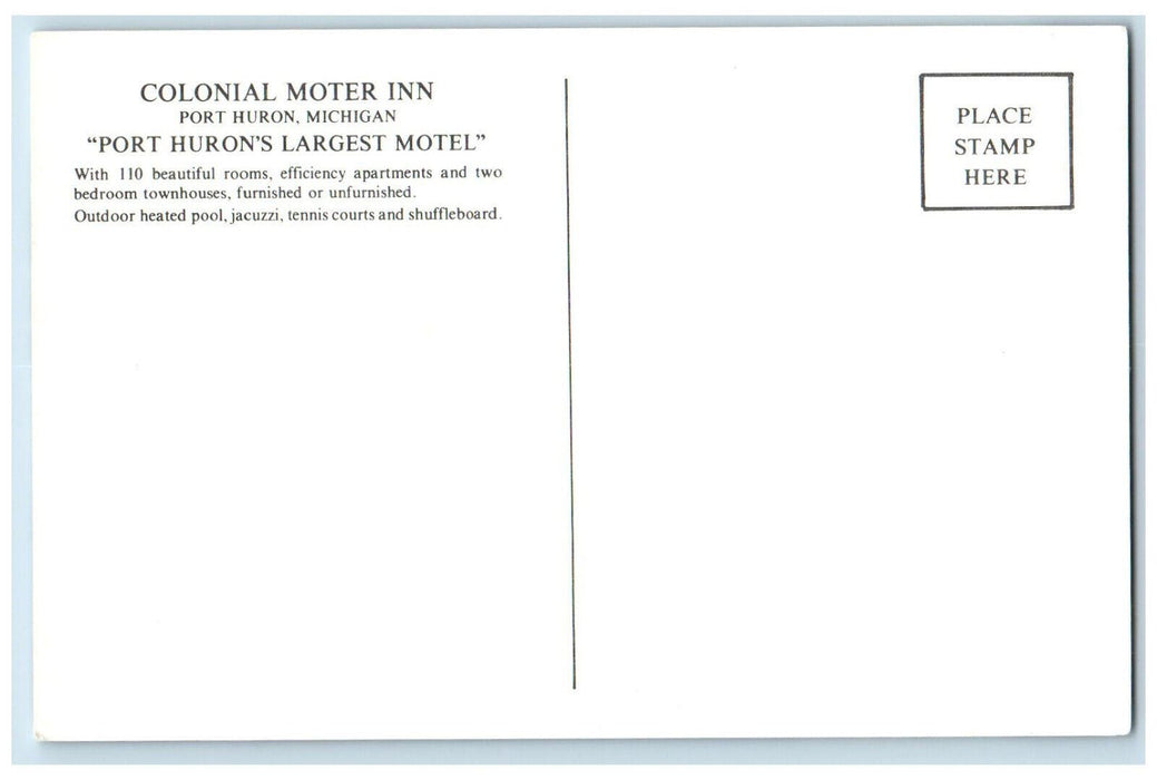 Colonial Moter Inn Largest Motel Swimming Pool Port Huron Michigan MI Postcard
