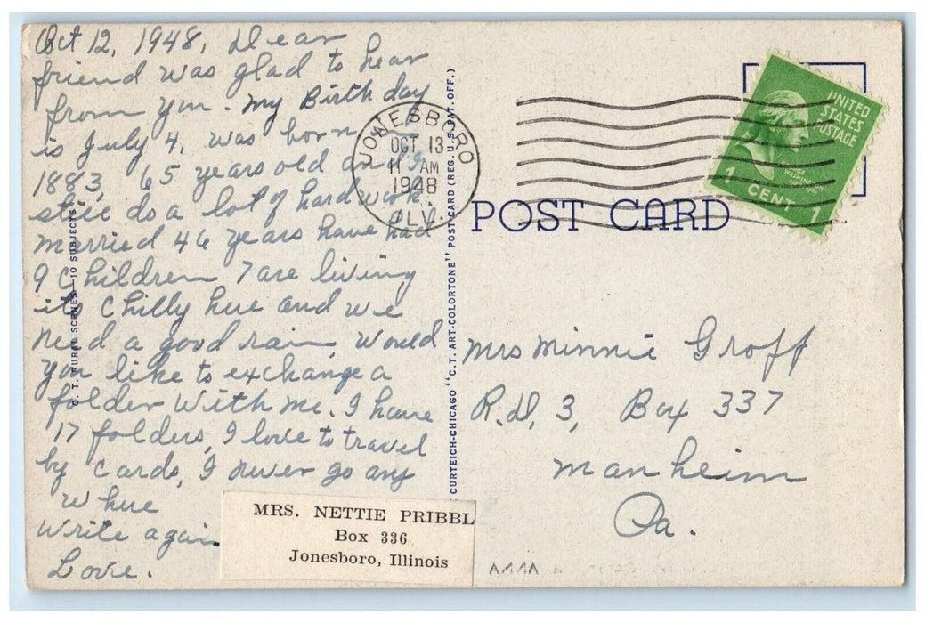 1948 Greetings From Anna Illinois IL, Road And Trees View Vintage Postcard