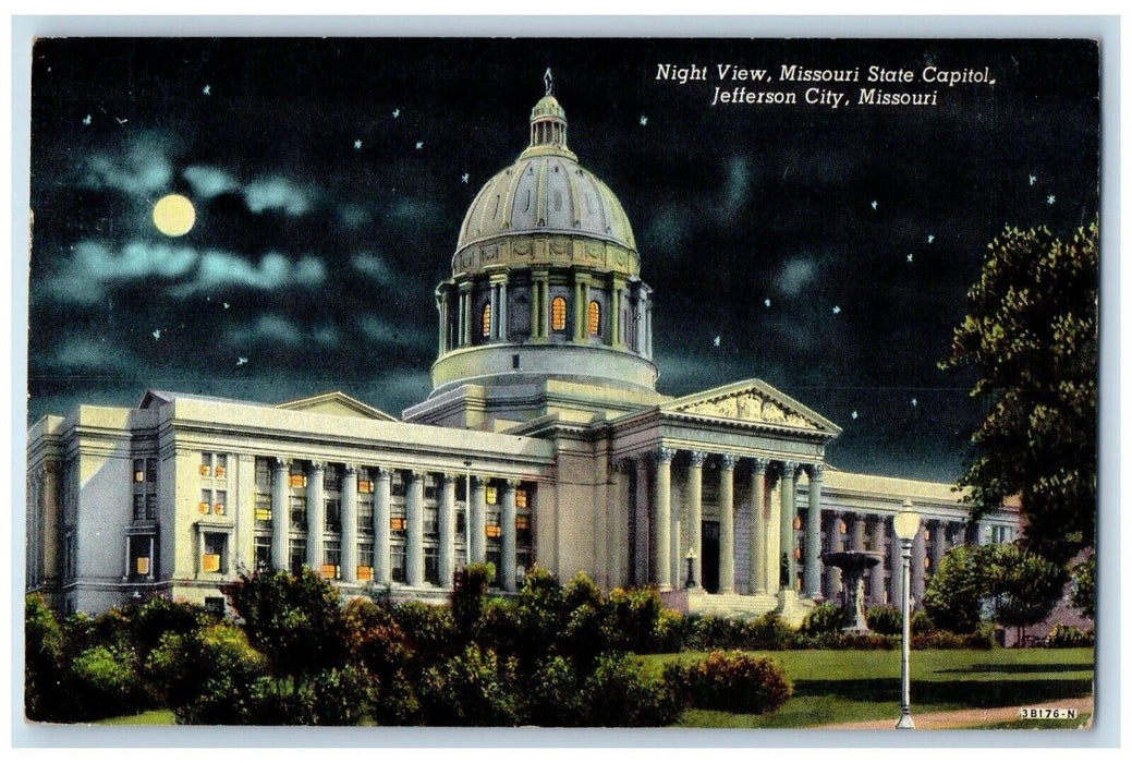 1948 Night View Missouri State Capitol Building Moon Jefferson City MO Postcard