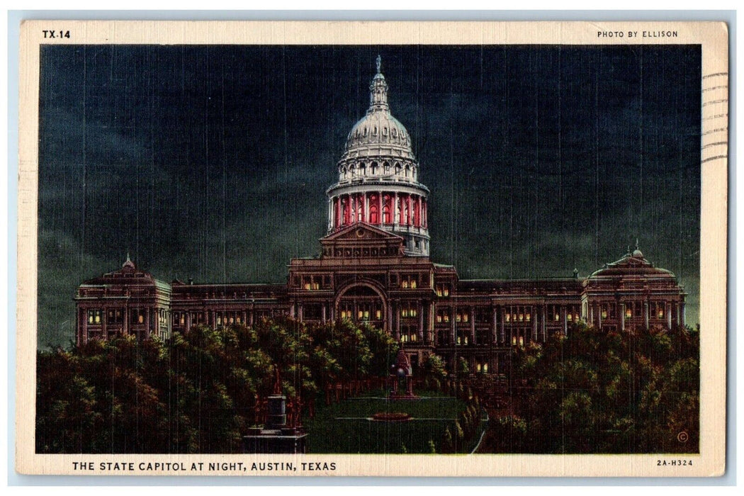 1948 The State Capitol Building At Night Austin Texas TX Vintage Postcard