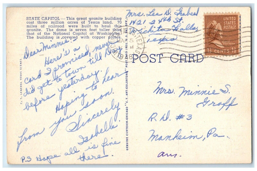 1948 The State Capitol Building At Night Austin Texas TX Vintage Postcard