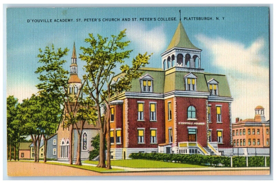 1940 D'Youville Academy St. Peter's Church College Plattsburgh New York Postcard