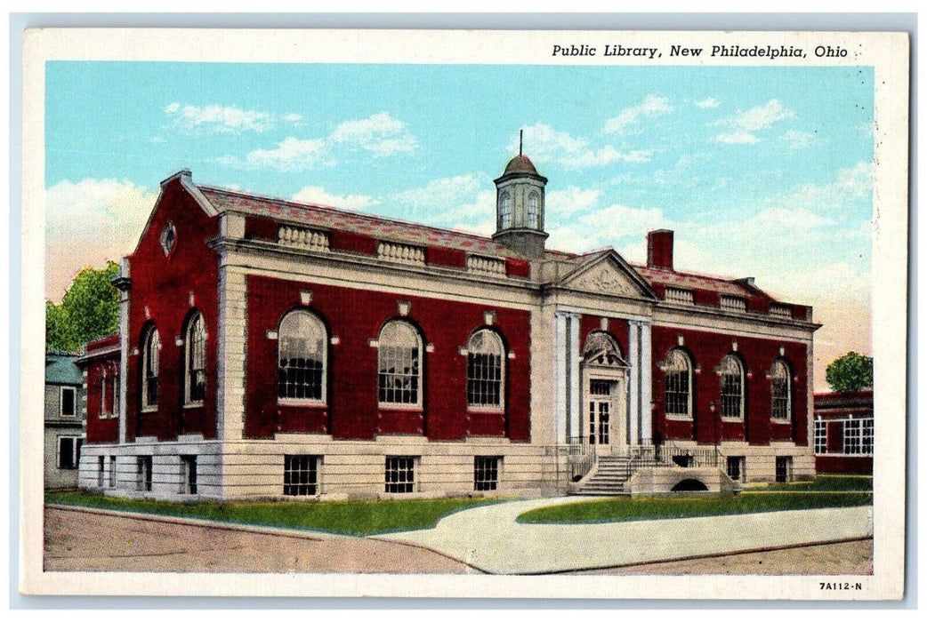 c1930's Public Library Building Street View New Philadelphia Ohio OH Postcard