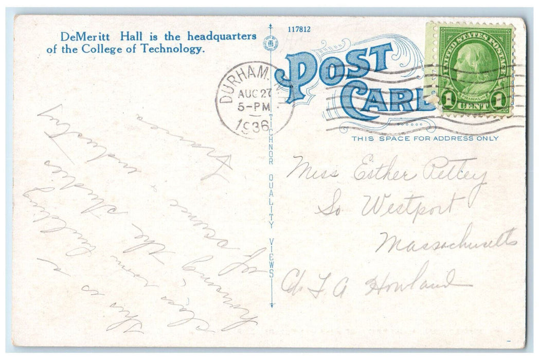 1936 De Meritt Hall University Of New Hampshire Durham NH Vintage Postcard