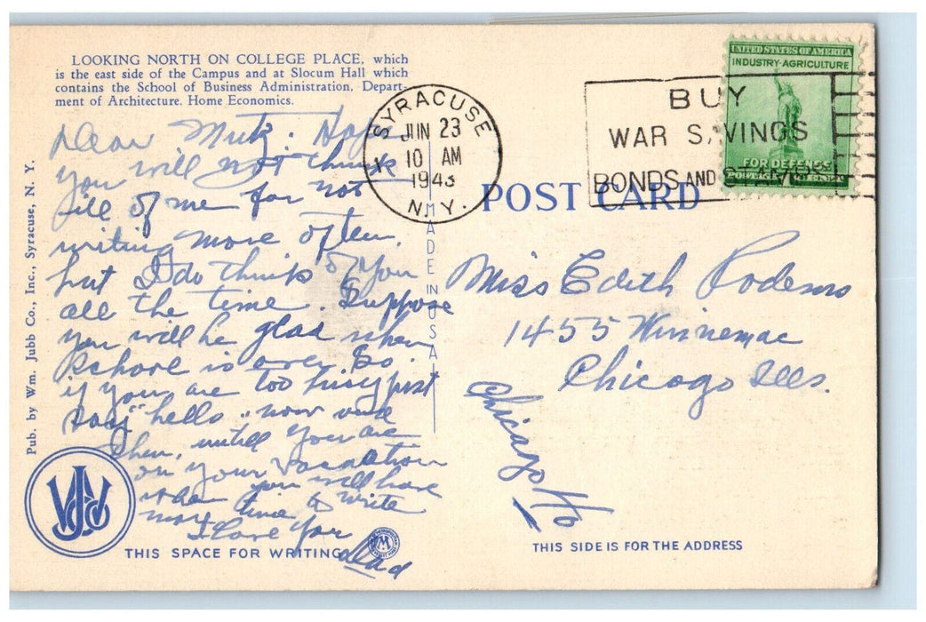 1943 Joseph Slocum College Of Agriculture Hall Languages Syracuse NY Postcard