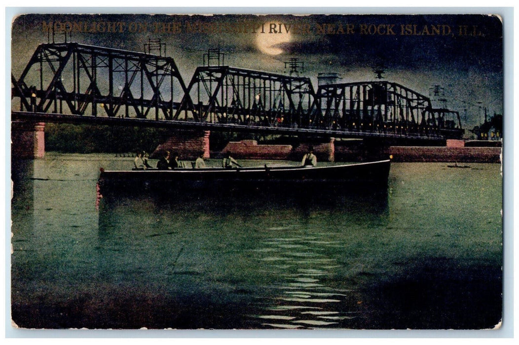 1911 Moonlight On The Mississippi River Near Rock Island Illinois IL Postcard