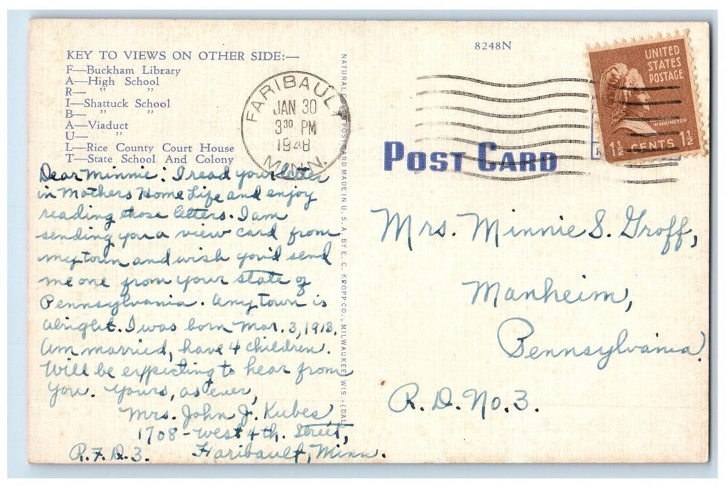 1948 Greetings From Faribault Minnesota MN, Large Letters Vintage Postcard