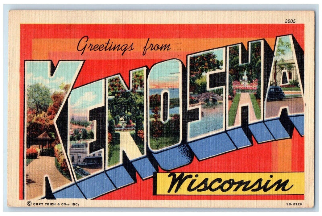 1948 Greetings From Kenosha Wisconsin WI, Large Letters Posted Vintage Postcard