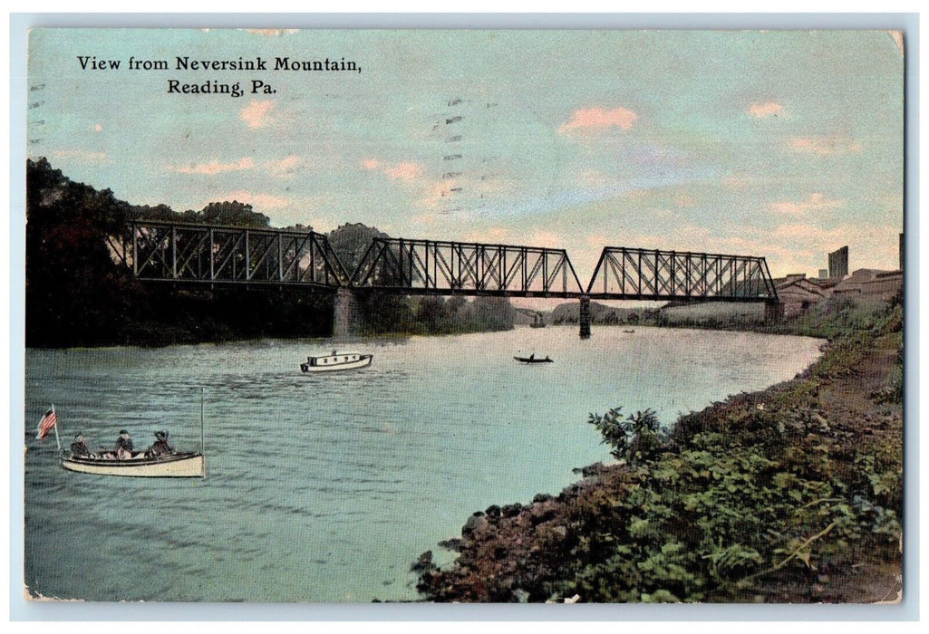 1911 View From Neversink Mountain Bridge Boats Reading Pennsylvania PA Postcard